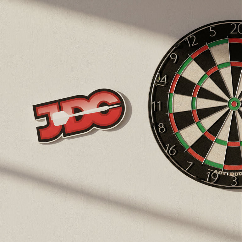 Logo with 'JDC' text and a white arrow on a beige background